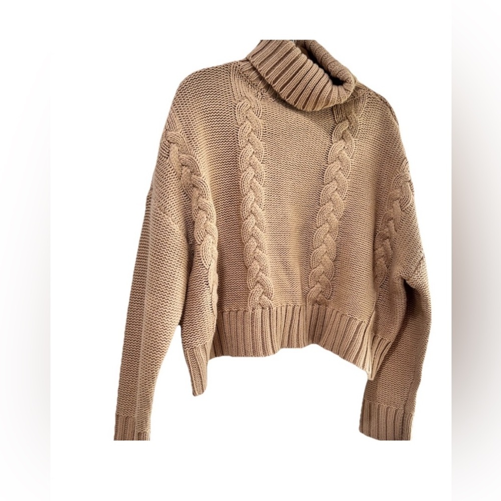 Calvin Klein Camel Knit Pullover Cozy Tan Cable Knit Turtleneck Sweater - Picture 2 of 16